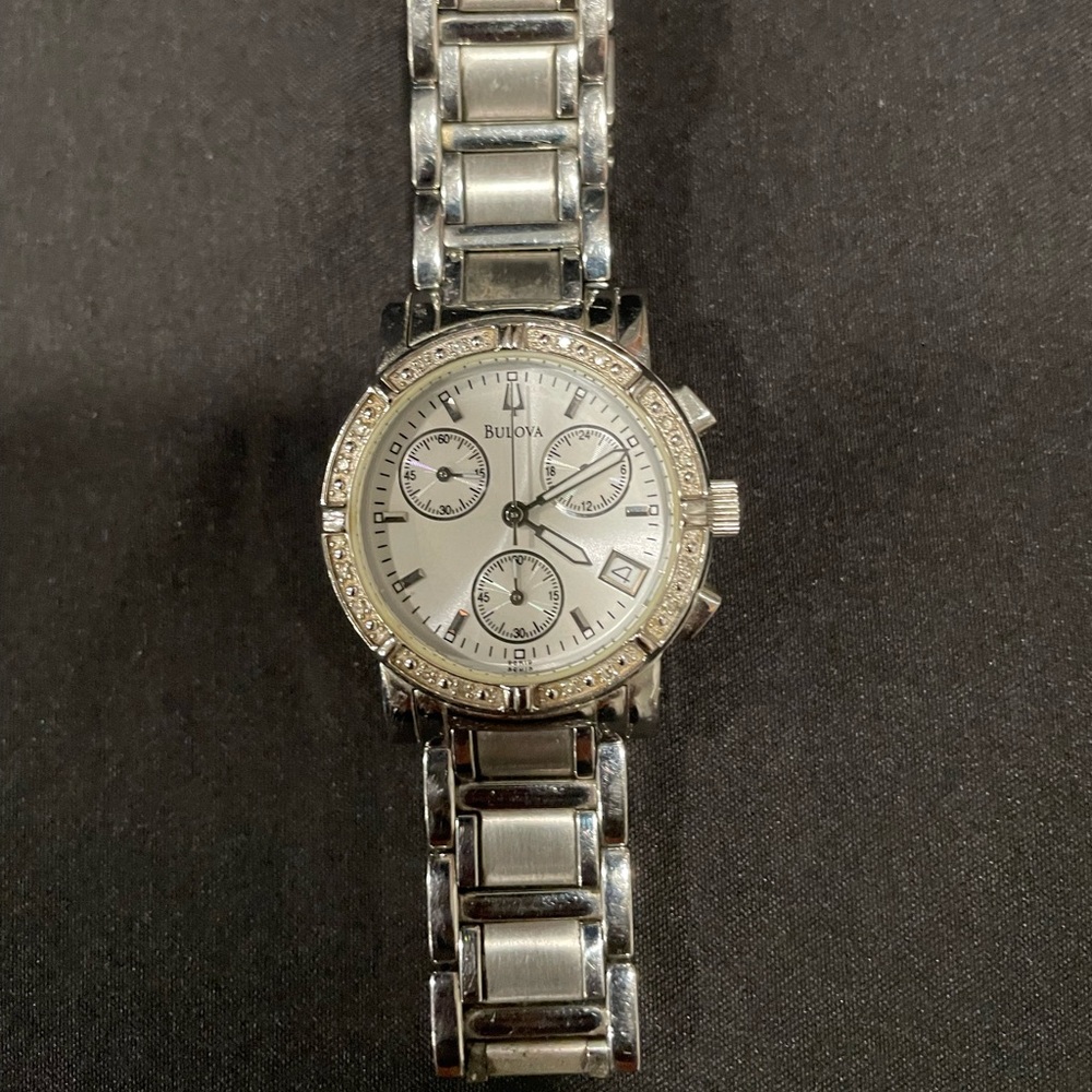 Bulova Silver Chronograph Watch with Textured Bezel